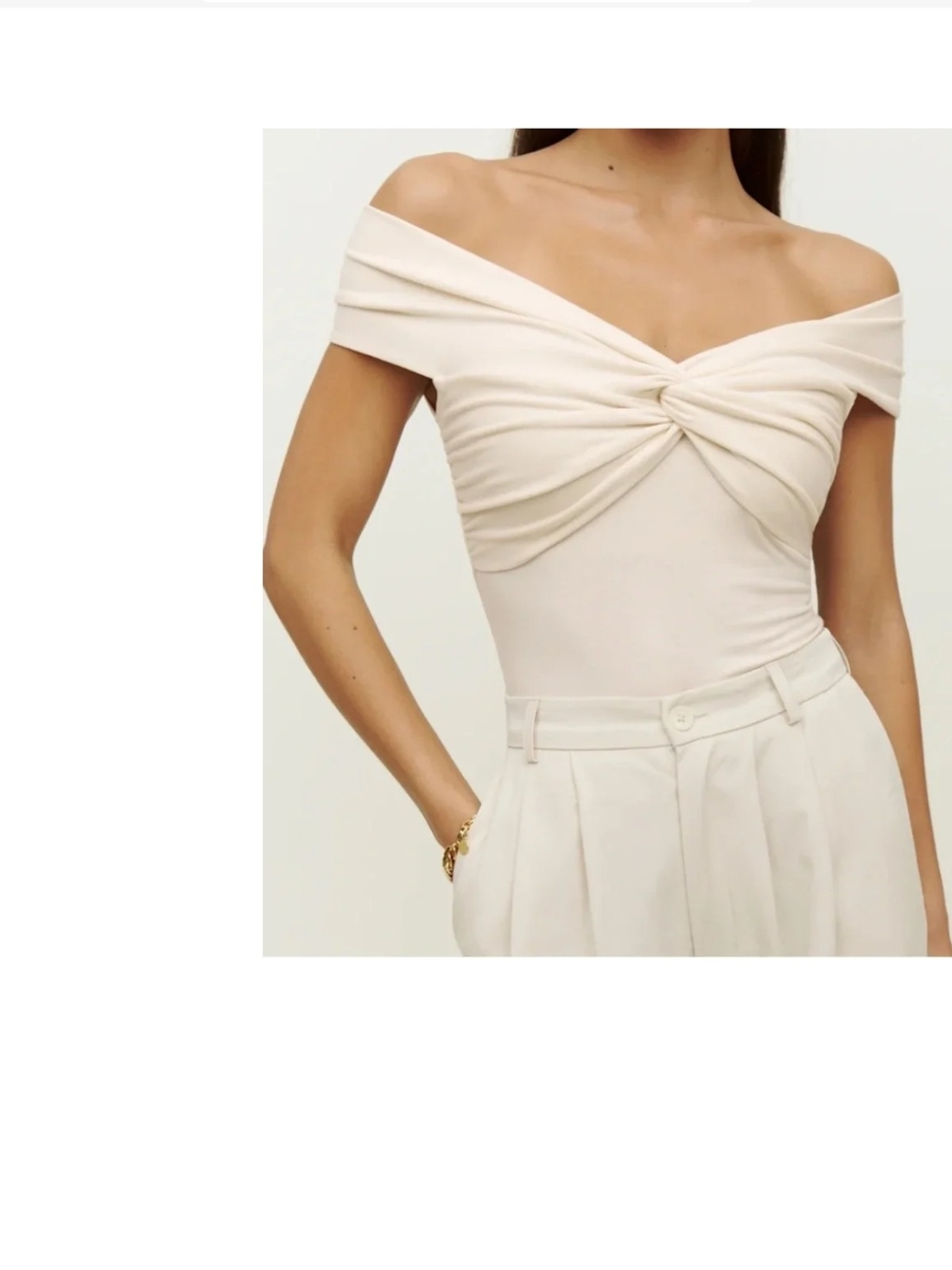 Reformation Ezlynn Cream Off-Shoulder Twist Bodysuit